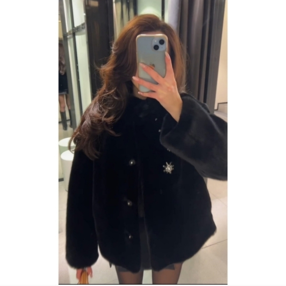 Zara Coat Jewel Faux Fur Black NWT - Picture 6 of 12